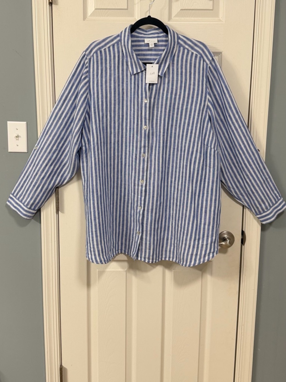 J. Jill Blue and White Striped Linen Button-Front Shirt - Picture 15 of 16